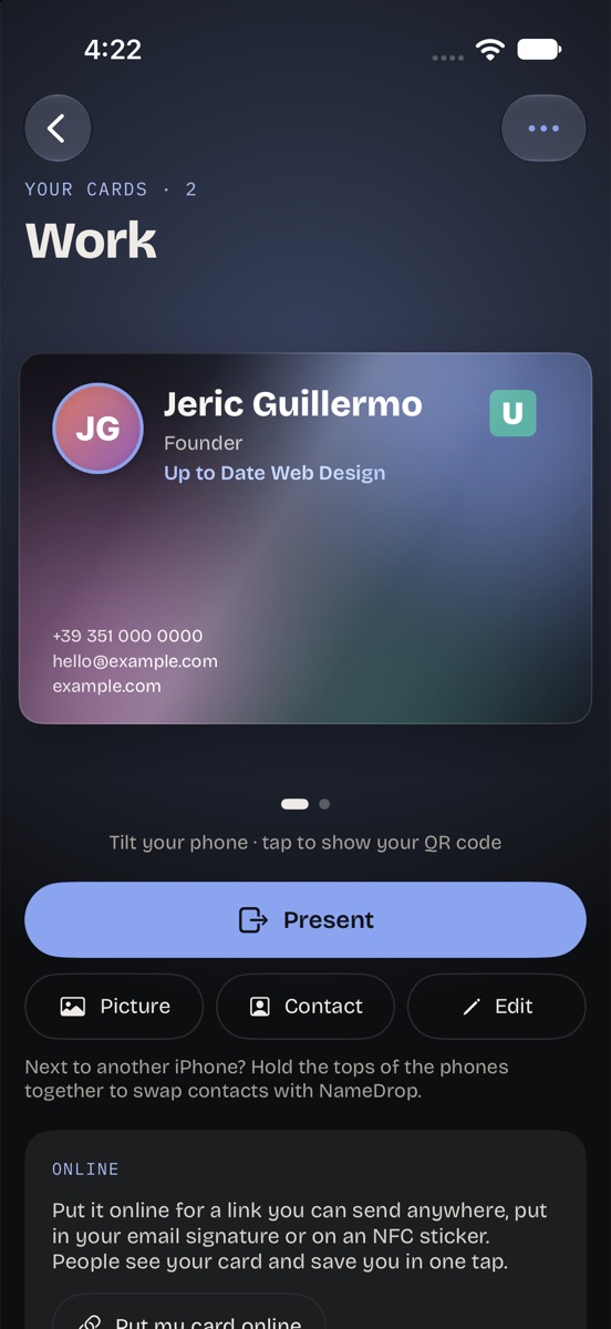 Your own card in 3D on a dark stage, with Present and share buttons