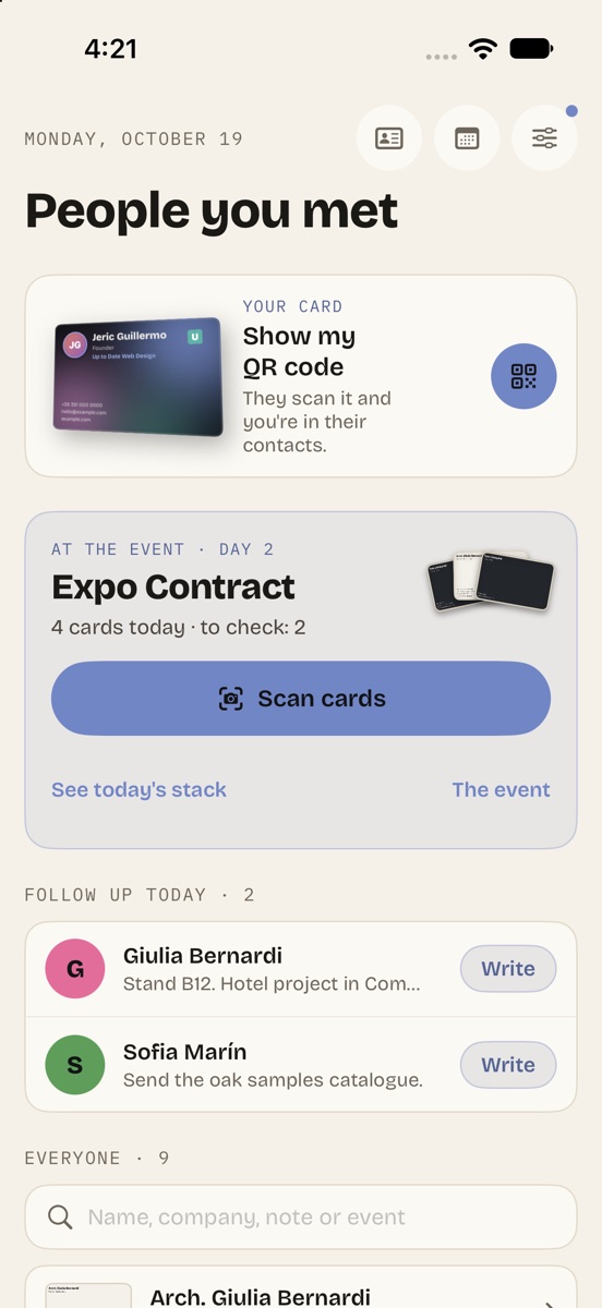 People you met: the fair you're at, who to follow up today, and everyone you scanned
