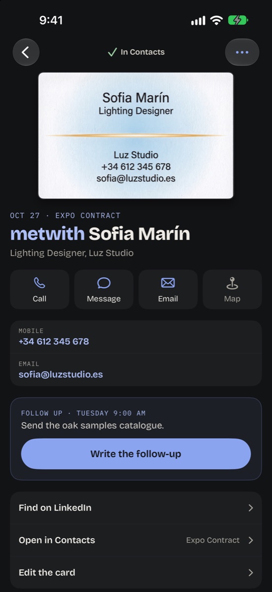 La página de Sofia Marín: su tarjeta, dónde os conocisteis y Escribir el seguimiento