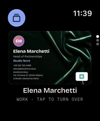 Elena Marchetti's card on Apple Watch, turned over from its QR code